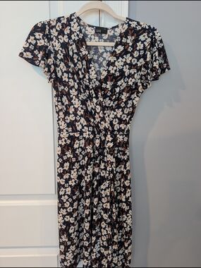 Muse Petite Navy Midi Dress with Cream & Brown Floral Print